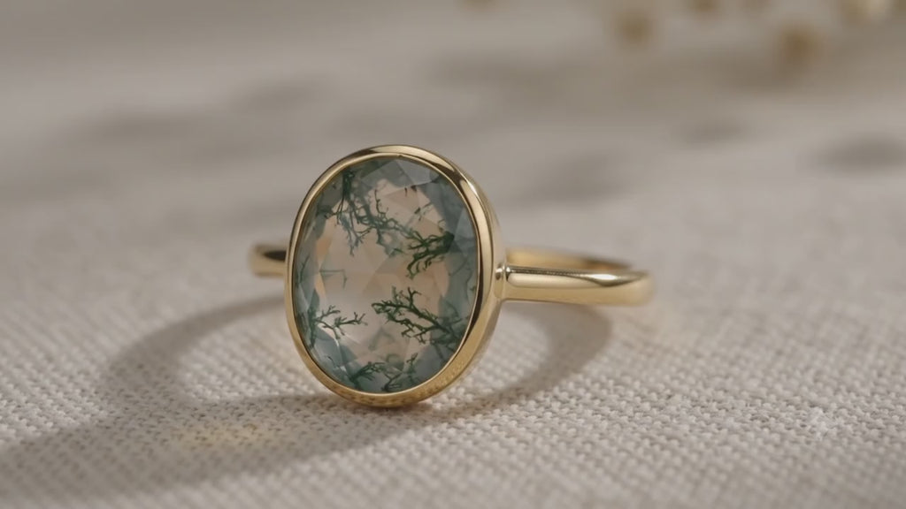 ✦ Bague Argent 925 Agate Mousse Ronde | Plaquée Or | Poinçon Certifié