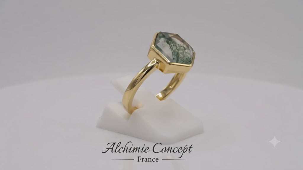 ✦ Bague Argent 925 Agate Mousse Hexagonale | Plaquée Or | Pierre Verte Certifiée Poinçon