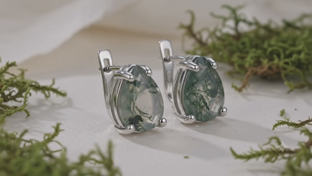 Boucles d'Oreilles Agate Mousse Larme Facettée – Argent 925 | Qualité Extra | Certifié Poinçon