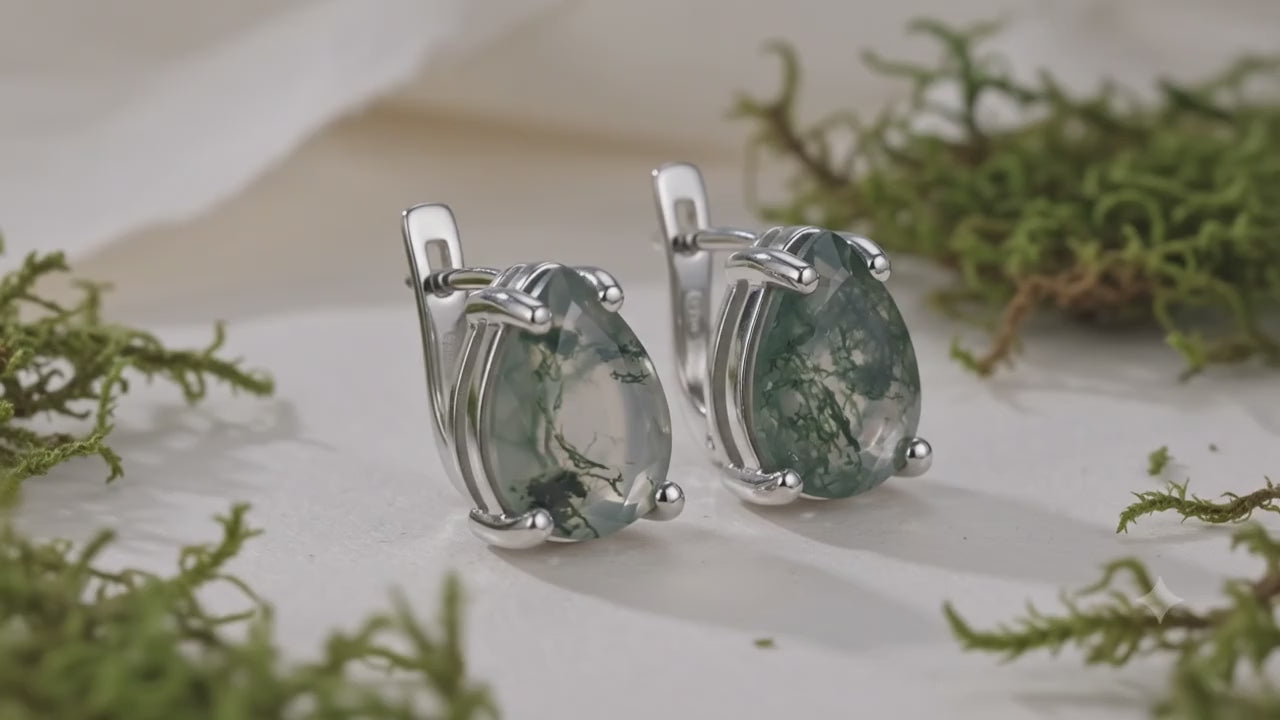 Boucles d'Oreilles Agate Mousse Larme Facettée – Argent 925 | Qualité Extra | Certifié Poinçon