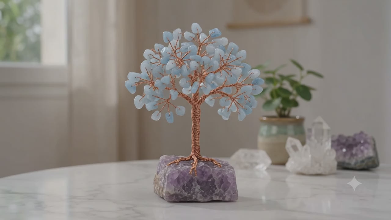 Arbre du Bonheur Aigue Marine base Améthyste 14cm
