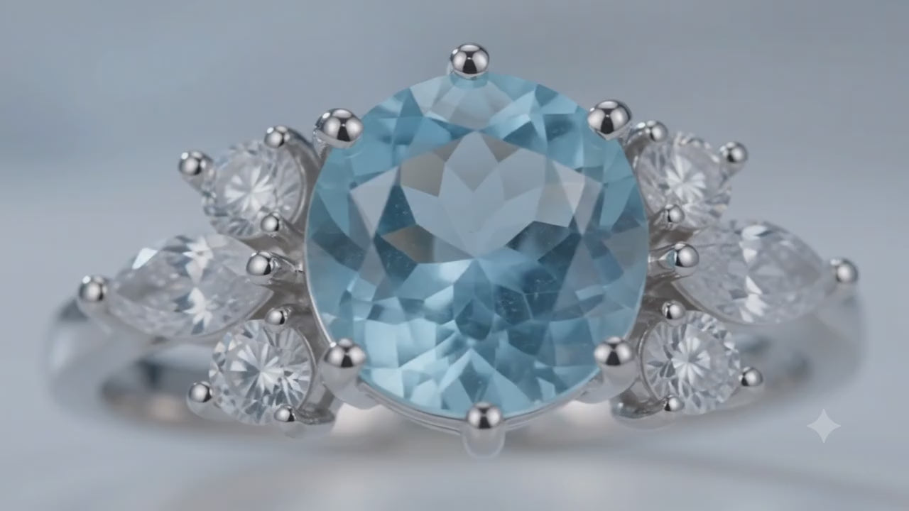 ✨ Bague Argent 925 'Flocon d'Argent' - Aigue Marine - Taille Réglable