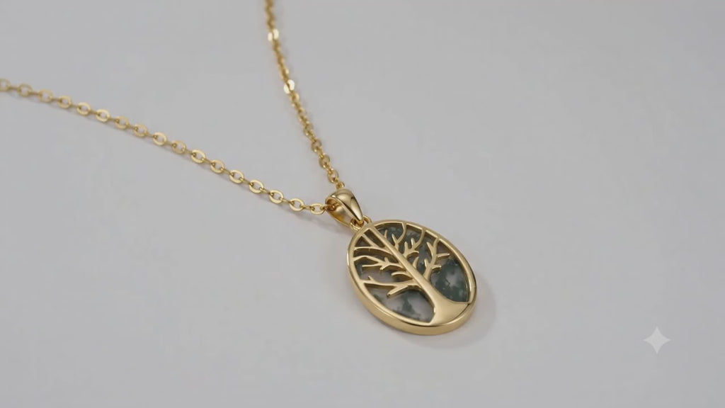 ✦ Collier Agate Mousse & Arbre de Vie | Argent 925 Certifié Poinçon Plaqué Or – Bijou Symbolique Lithothérapie