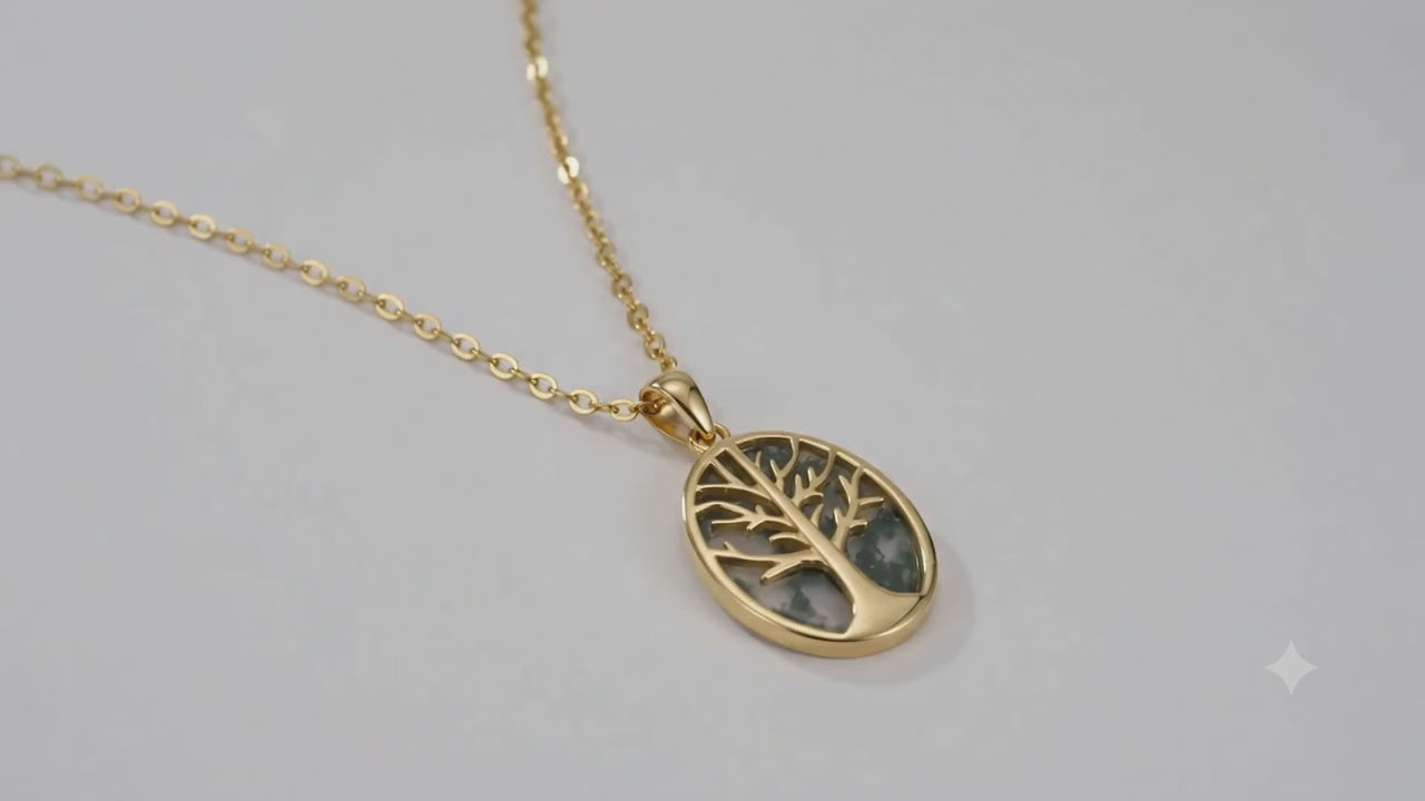 ✦ Collier Agate Mousse & Arbre de Vie | Argent 925 Certifié Poinçon Plaqué Or – Bijou Symbolique Lithothérapie