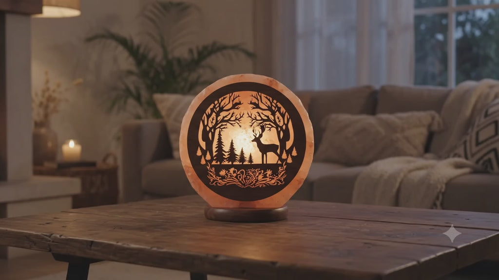 ✨ Lampe de Sel Cerf en Forêt 5 kg – Nature Sauvage, Lumière Ambrée & Purification Himalaya