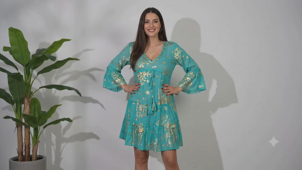 Robe Femme Turquoise & Corail Doré – Collection Nomad Sari Méditerranée (L/XL)