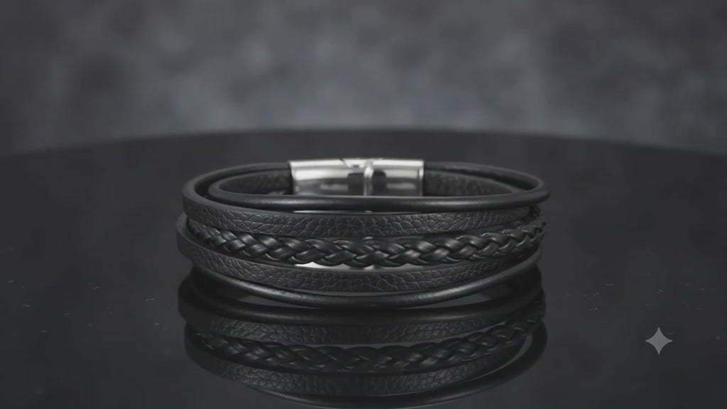 Bracelet Cuir Véritable 5 Brins Tressé & Acier Inoxydable – 21 cm