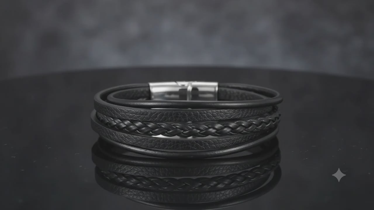 Bracelet Cuir Véritable 5 Brins Tressé & Acier Inoxydable – 21 cm