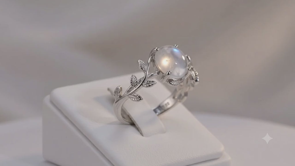 ✨ Bague Laurier & Pierre de Lune – Argent 925 Poinçon | Talisman de Féminité & Intuition