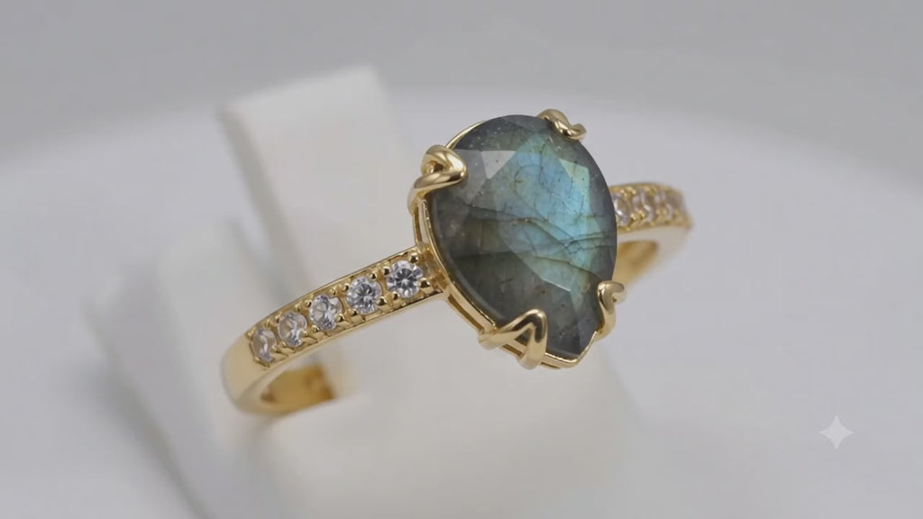 ✨ Bague Argent 925 Labradorite Goutte Plaquée Or – Poinçon Certifié | Reflets Iridescents & Magie