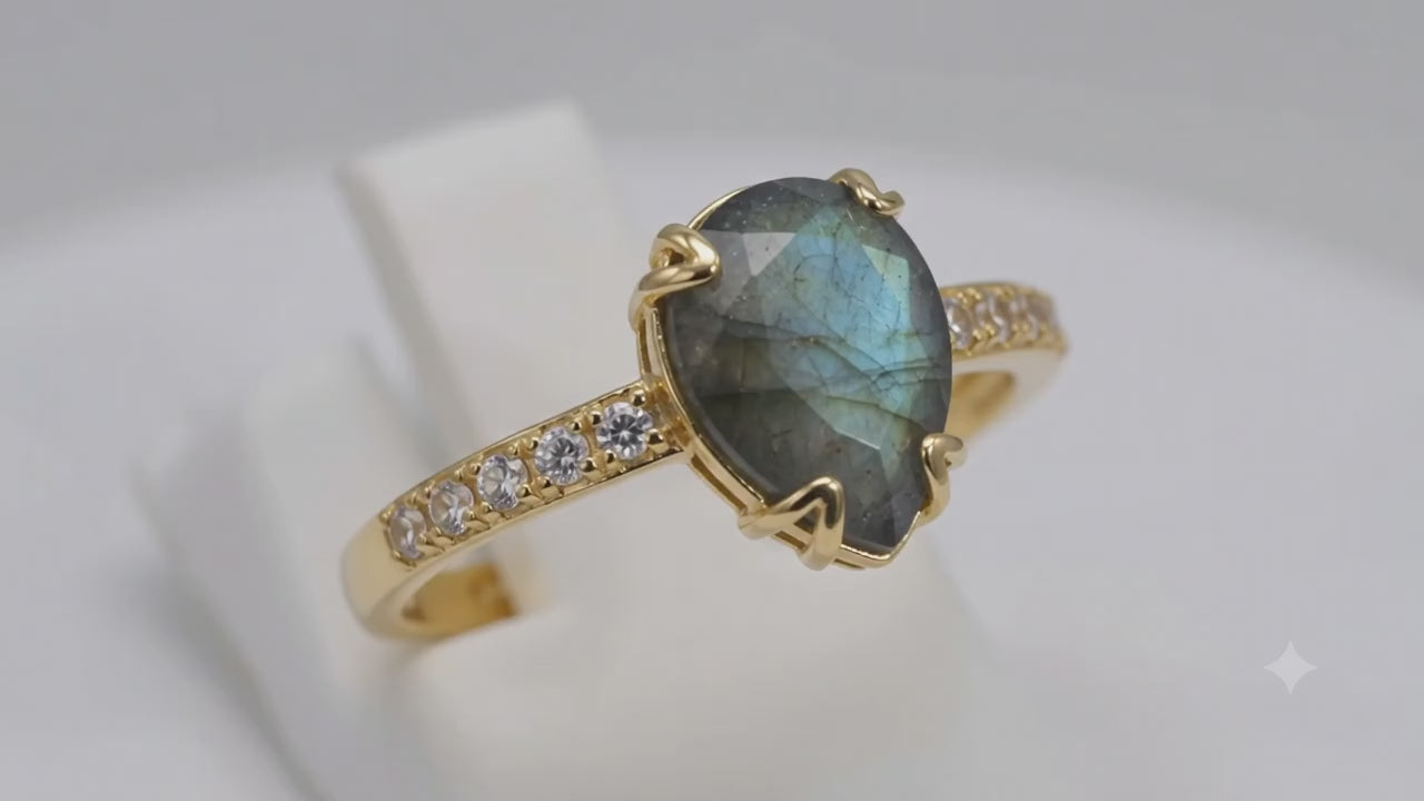✨ Bague Argent 925 Labradorite Goutte Plaquée Or – Poinçon Certifié | Reflets Iridescents & Magie