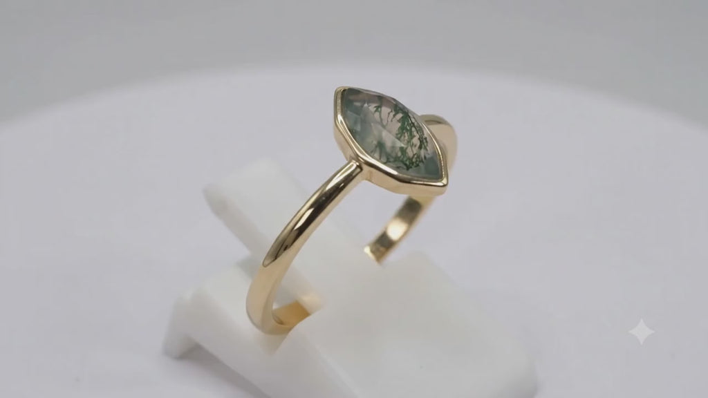 ✦ Bague Argent 925 Certifié Poinçon Plaquée Or – Agate Mousse Marquise | Taille Universelle