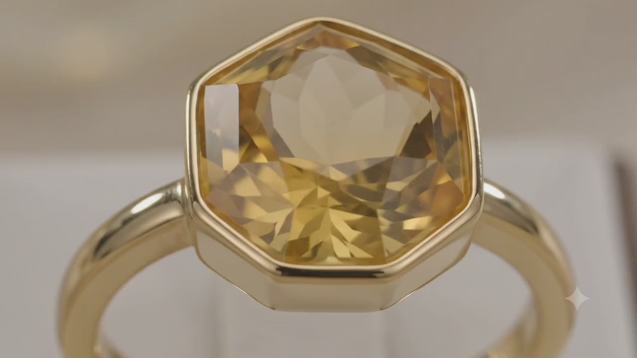 ✨ Bague Argent 925 Citrine Hexagonale Plaquée Or – Poinçon Certifié | Pierre du Soleil & de l'Abondance