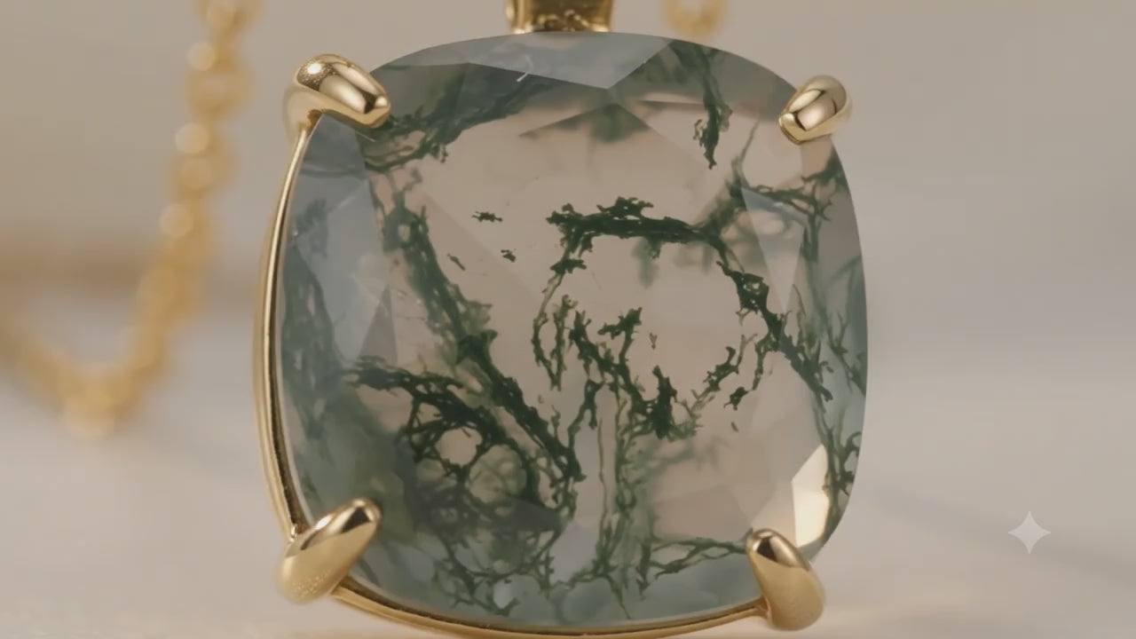 ✦ Collier Agate Mousse Carrée | Argent 925 Certifié Poinçon Plaqué Or – Pierre Naturelle Lithothérapie