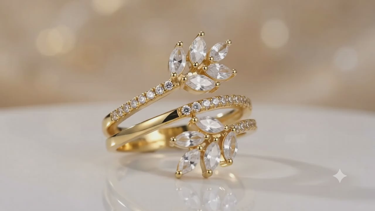 ✨ Bague Femme Réglable Motif Feuilles Diamant CZ – Plaqué Or 1 Micron Premium