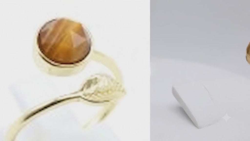 ✦ Bague Argent 925 Poinçon Certifié ✦ 'Feuille d'Or' – Œil de Tigre Naturel | Plaquée Or
