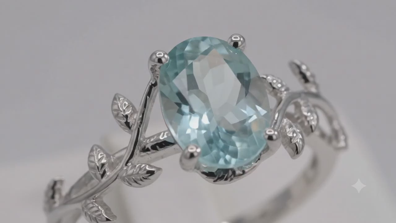 ✨ Bague Argent 925 Poinçon | 'Murmure de Laurier' – Aigue Marine Naturelle – Taille Réglable